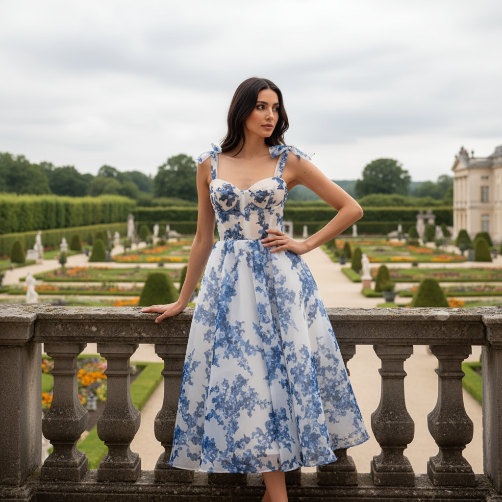 Woman in a blue floral dress standing in a garden with classical architecture.