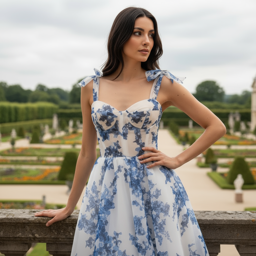 Woman in a blue and white floral dress standing in a garden.