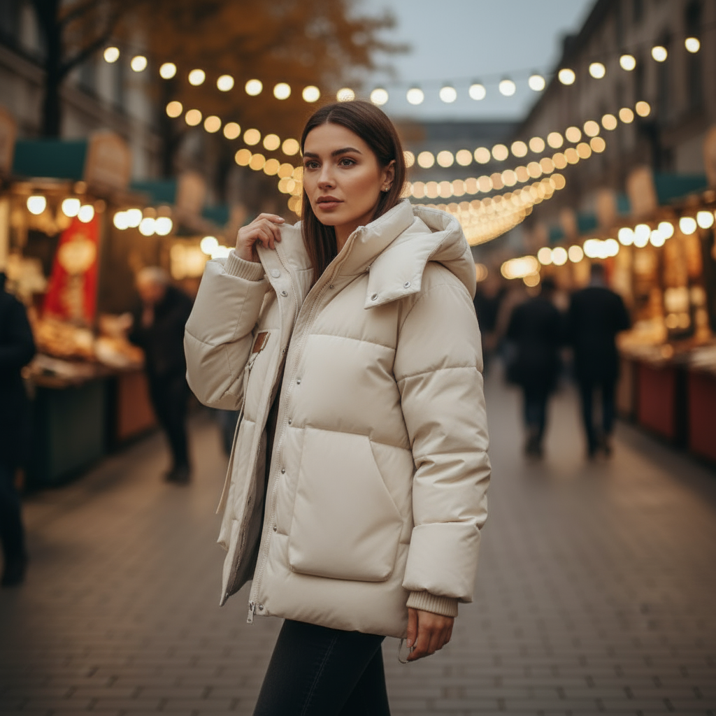 Woman wearing a beige puffer jacket in an outdoor market setting with string lights.
