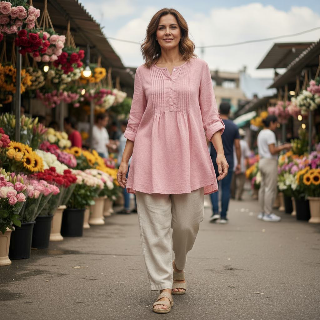 Woman in a pink dress walking through a flower market.