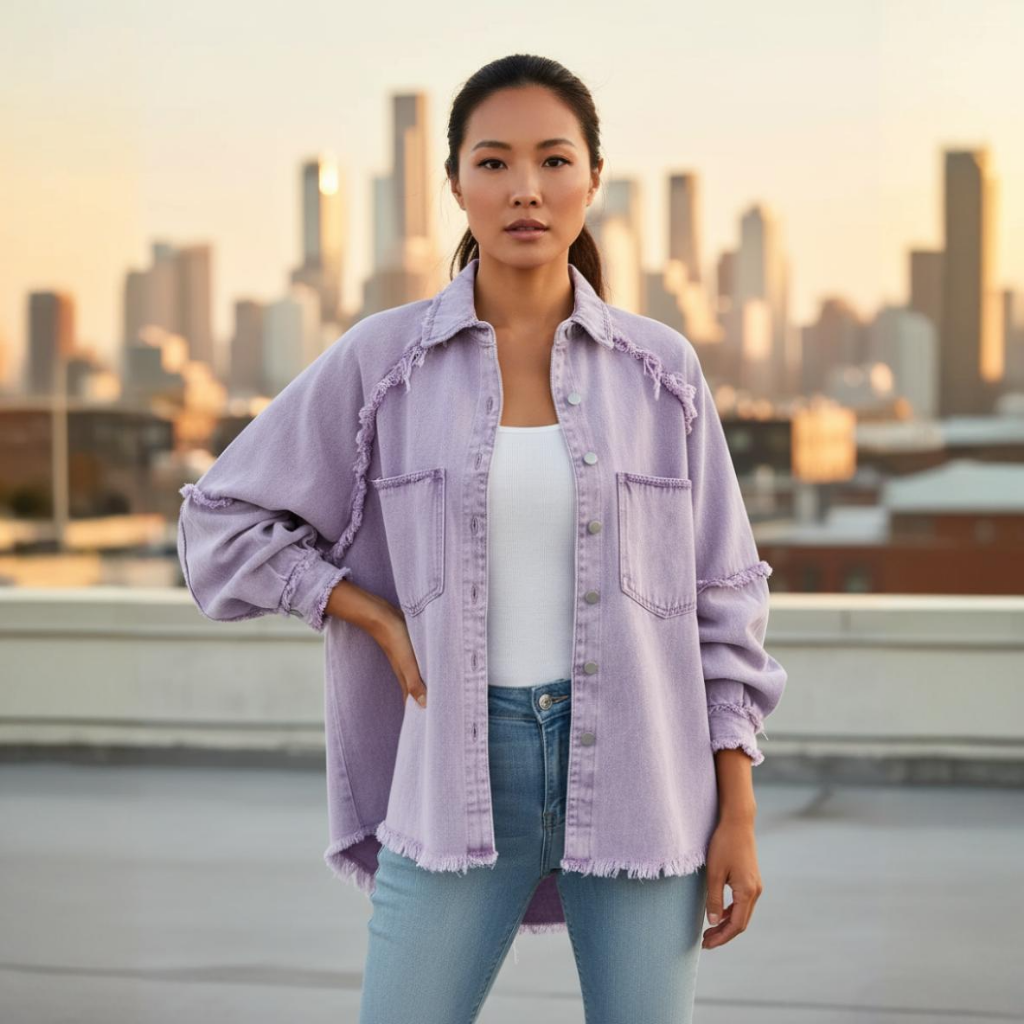 Woman wearing a light purple denim jacket and blue jeans standing on a rooftop with city skyline in the background.