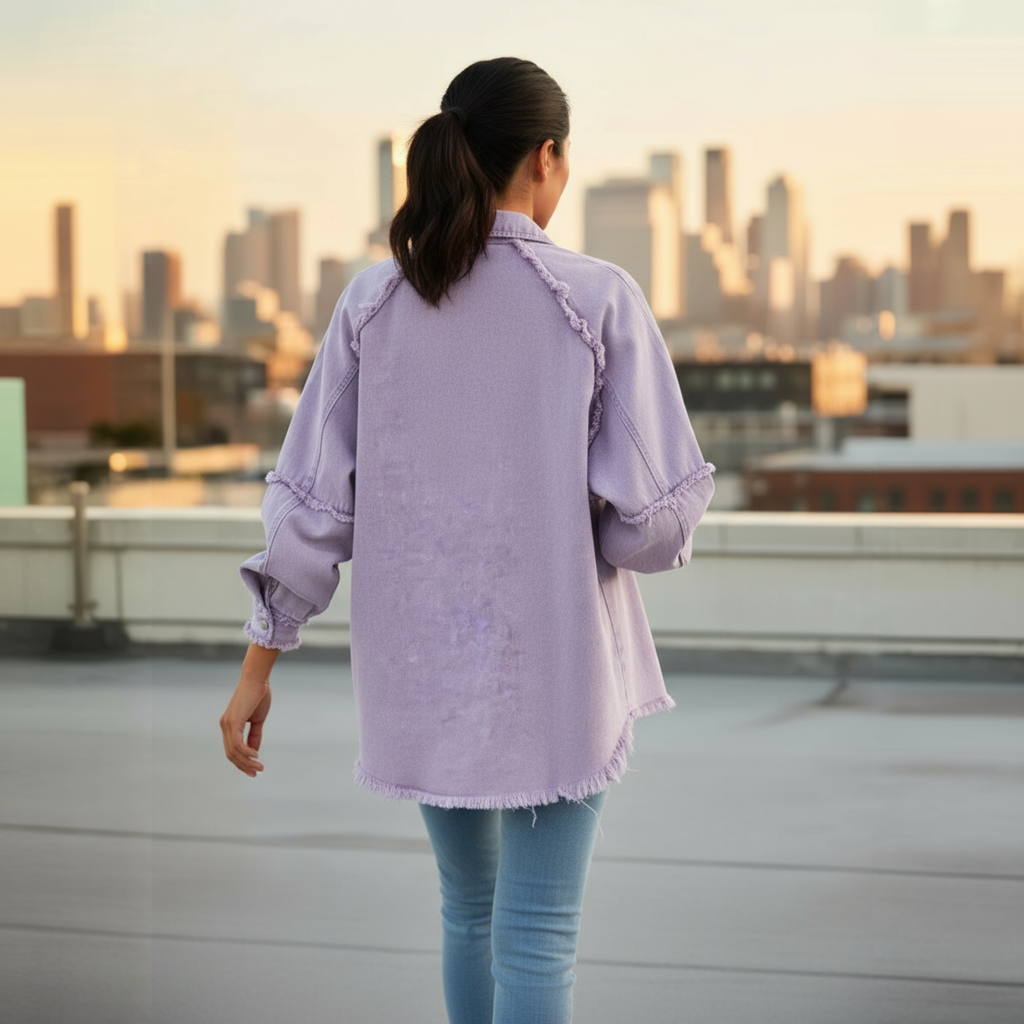 Woman wearing a light purple denim jacket and blue jeans standing on a rooftop with city skyline in the background.