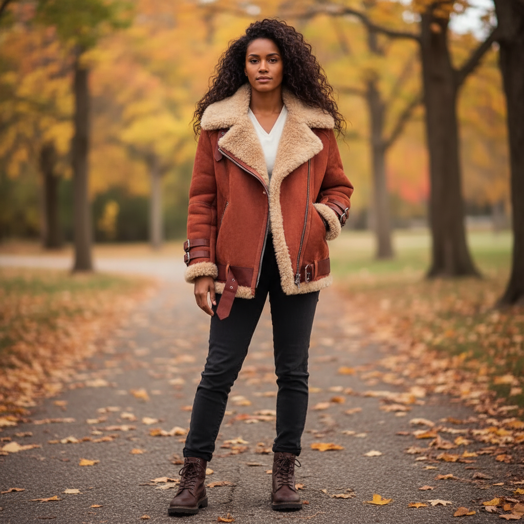 Woman in a brown coat with fur trim standing on a path in an autumn park.