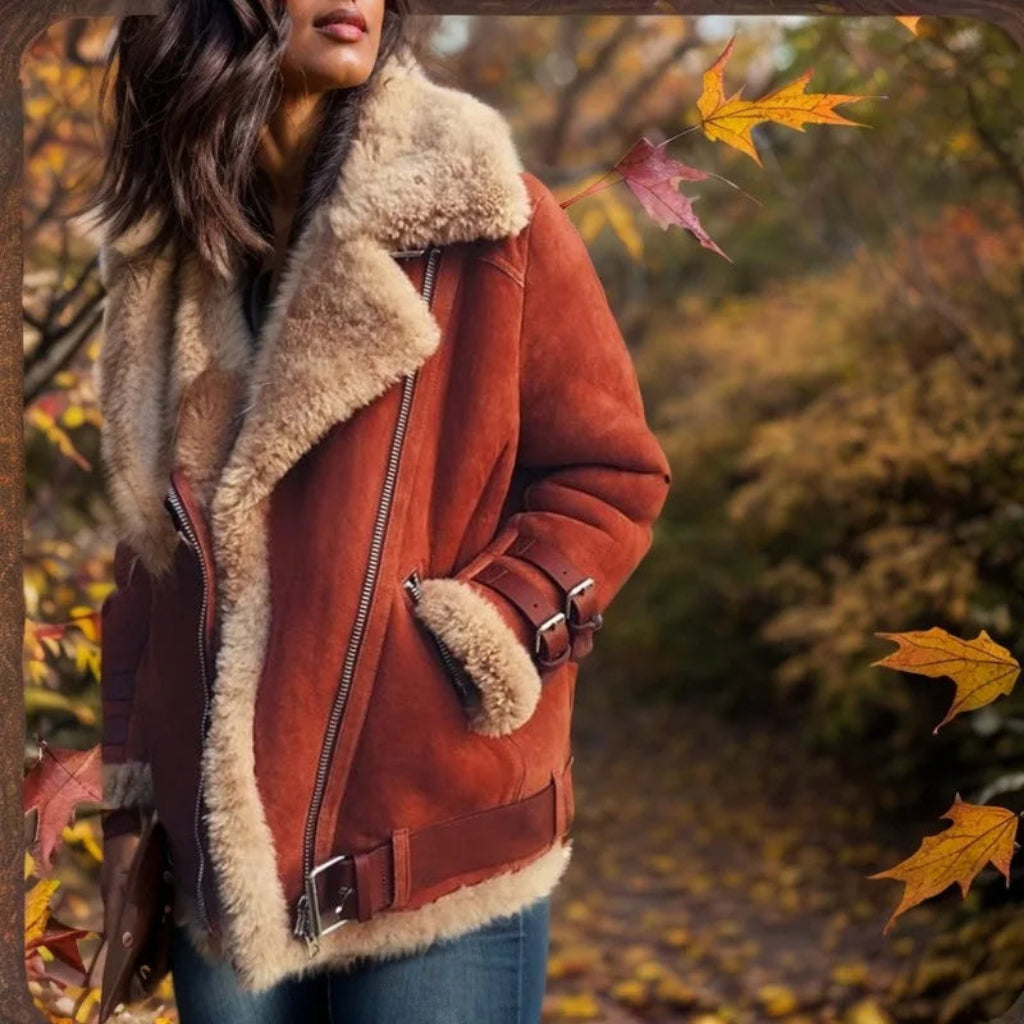 Person wearing a brown shearling jacket in an autumn setting with falling leaves.