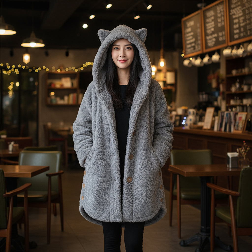 Person wearing a gray hooded coat with cat ears in a cozy café setting
