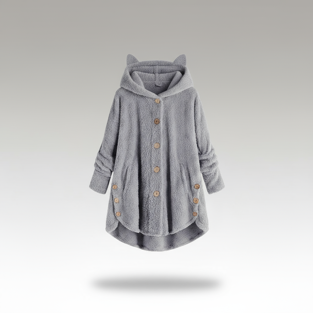 Hooded fleece coat with buttons and cat ear details on a hanger.