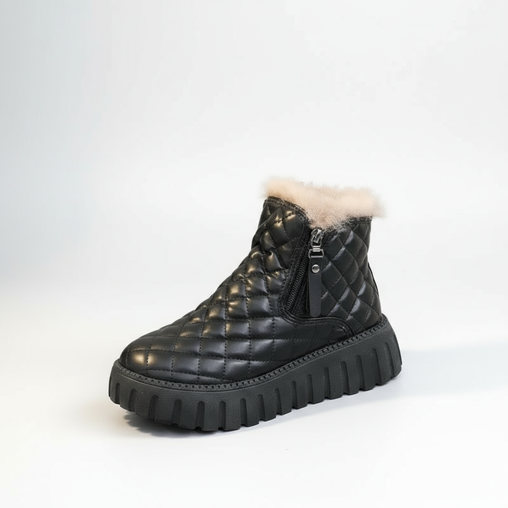 Black quilted winter boot with white fur lining on a white background