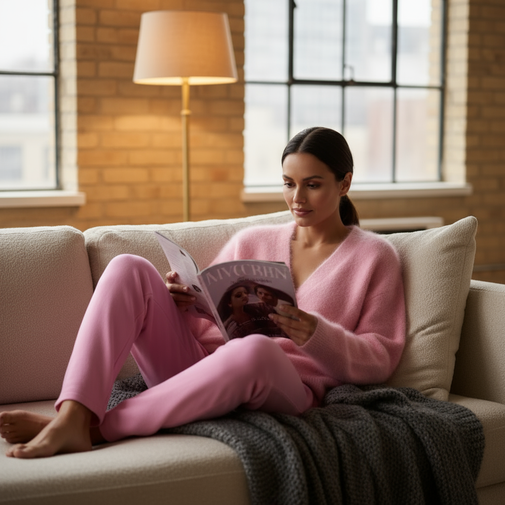 Woman in pink pajamas reading a magazine on a couch in a cozy living room.