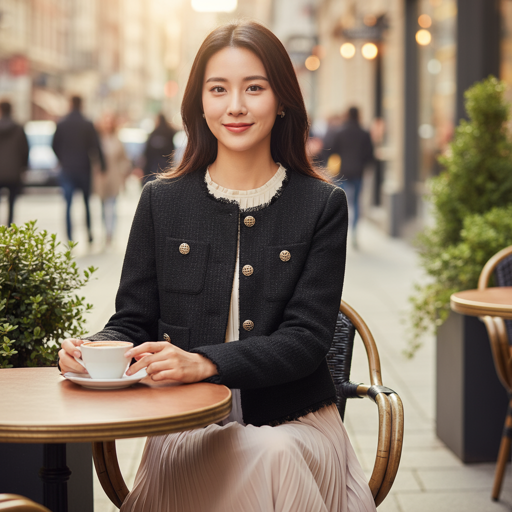 Woman sitting at an outdoor cafe table holding a cup, with a blurred street scene in the background