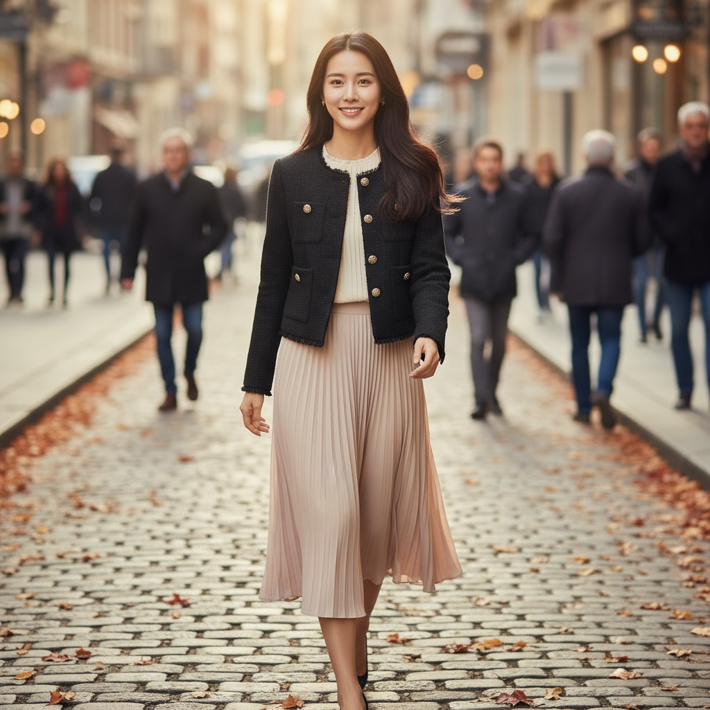 Woman in a black jacket and beige dress walking on a city street.