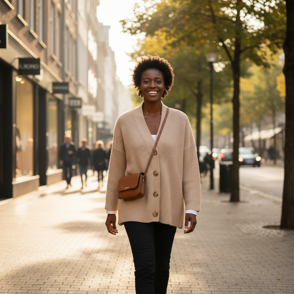Woman walking on a city street wearing a beige cardigan and carrying a brown bag.