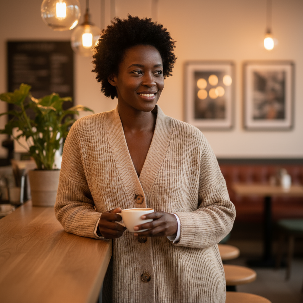Woman holding a cup in a cozy cafe setting