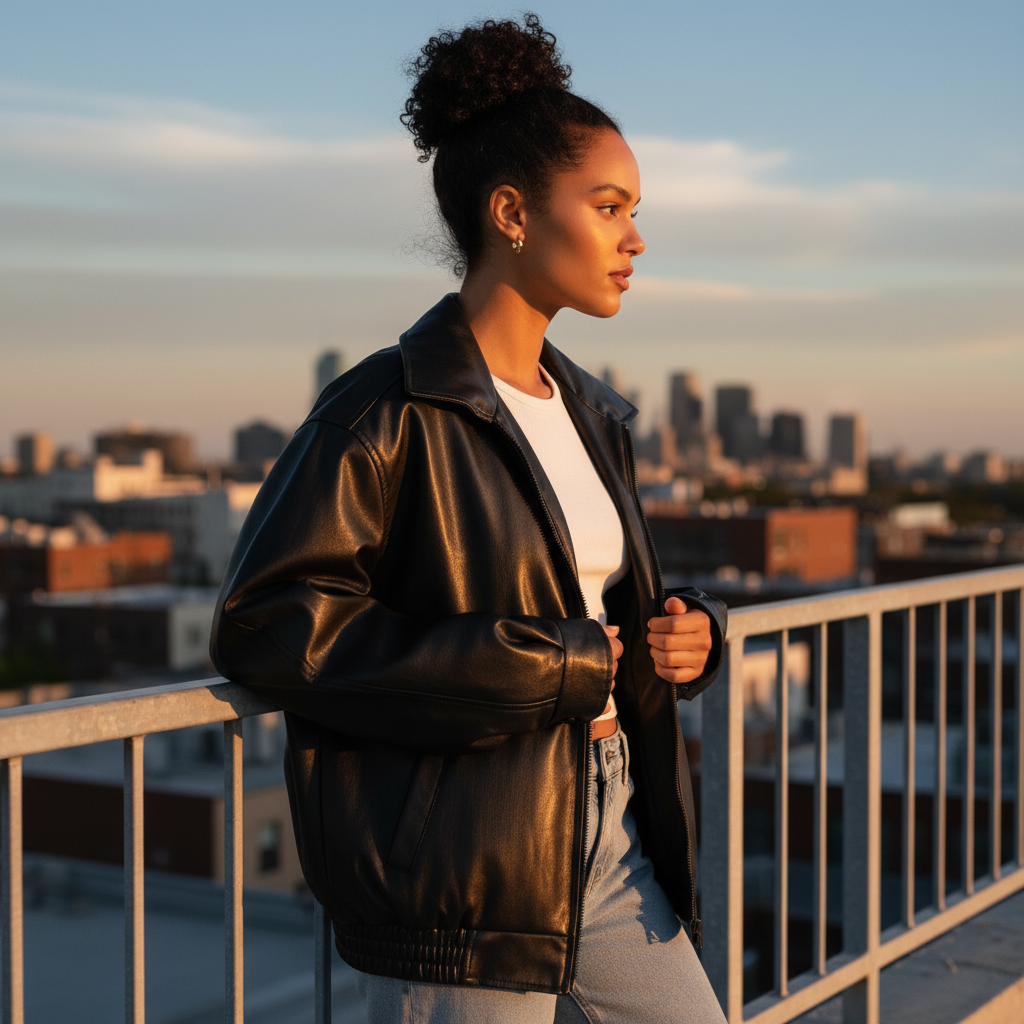 Woman in a leather jacket standing on a rooftop with a cityscape in the background