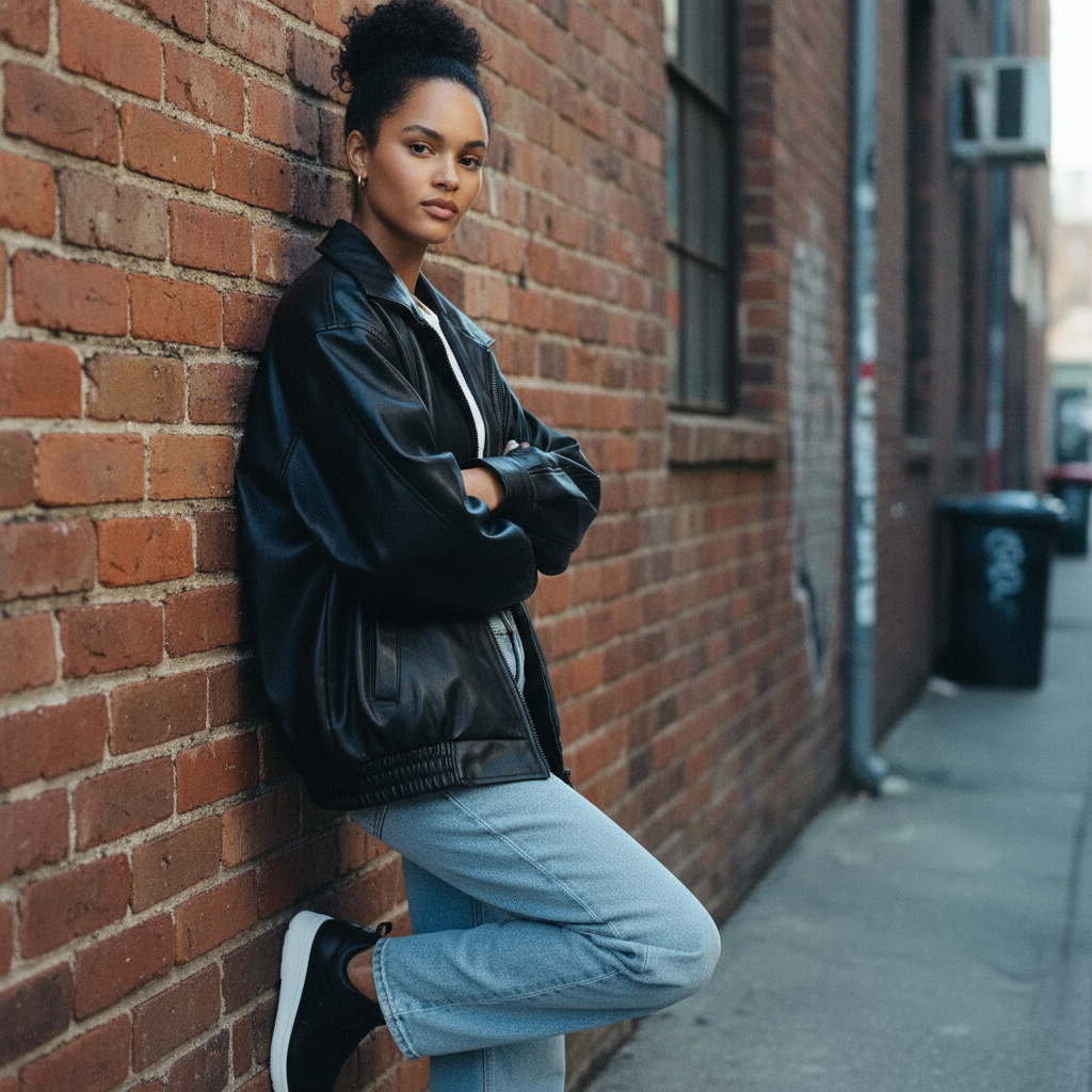 Woman leaning against a brick wall in an urban setting