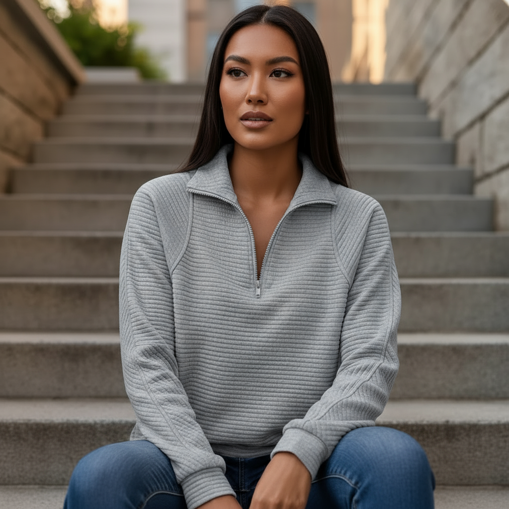 Woman wearing a gray zip-up sweater sitting on stone steps.