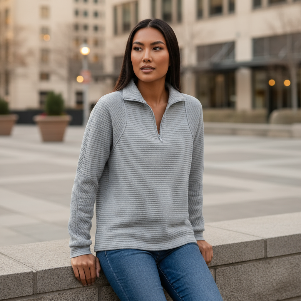 Woman wearing a gray sweater and blue jeans standing in an urban setting.