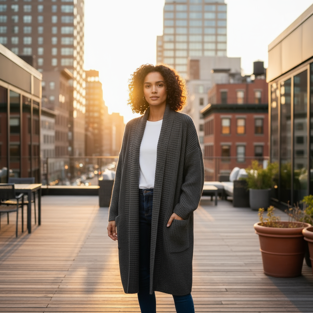Woman standing on a rooftop deck with city skyline in the background