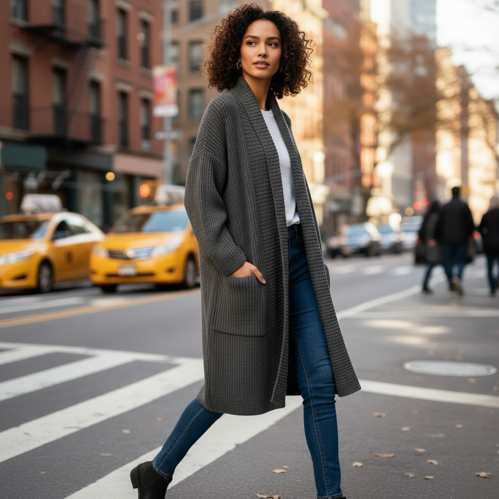 Woman in a long gray coat walking on a city street with taxis in the background