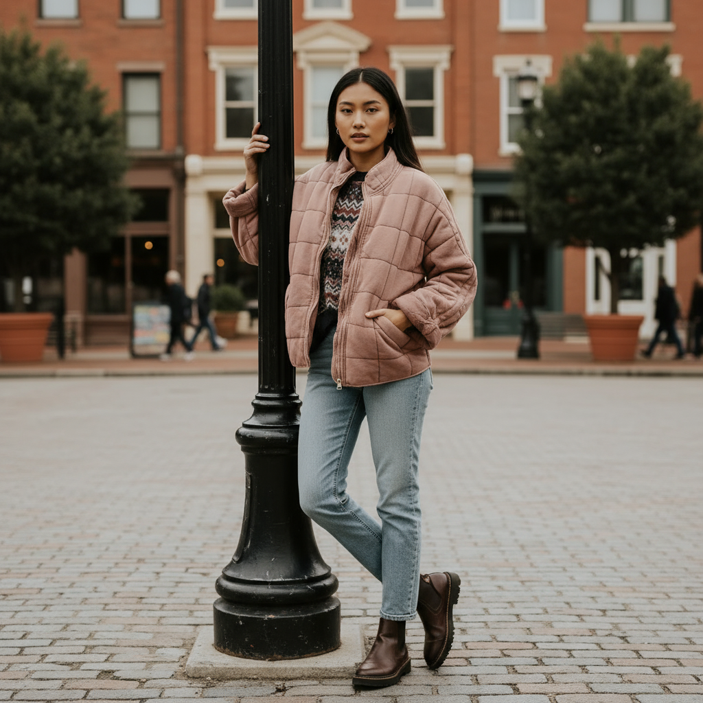 Woman in a pink jacket standing next to a black lamp post on a city street.