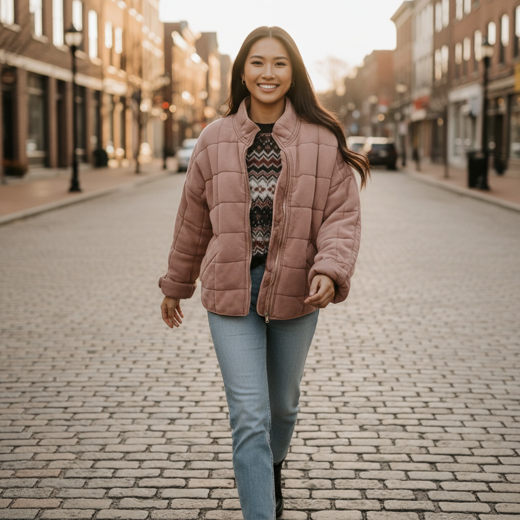 Woman in a pink quilted jacket walking on a cobblestone street.
