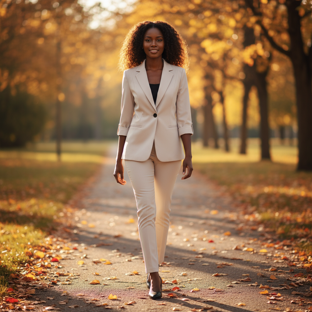 Woman in a beige suit walking on a path with autumn leaves and trees in the background